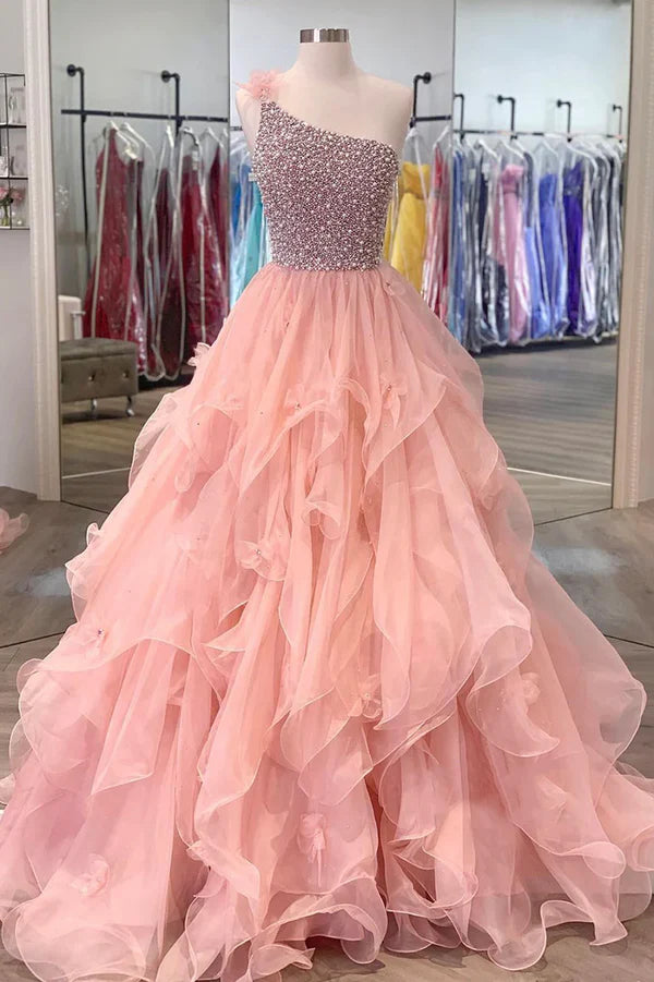 Wholesale Pink One Shoulder Beaded Prom Dress Pink Tulle Layers Evening Gown